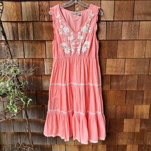 Lucky Brand Peach/Cream Embroidered Boho Tiered Midi Dress in Women's X-Large